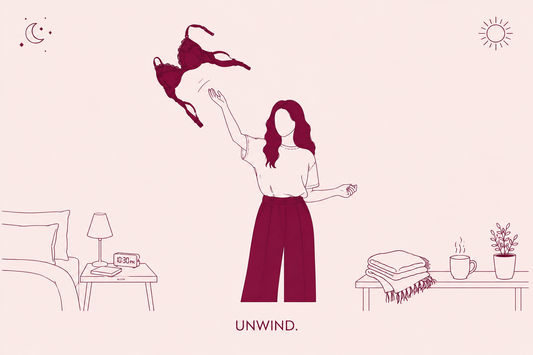 Woman tossing a bra into the air after a long day, symbolizing comfort, relaxation, and choosing the right bra for every moment.