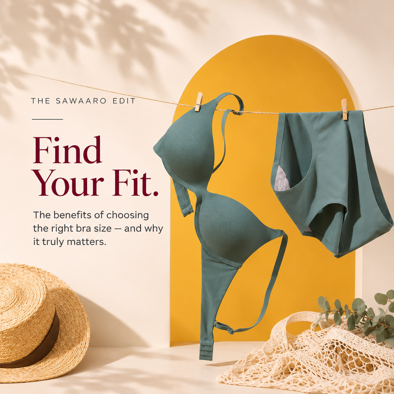 Teal bra and matching panty hanging on a line against a yellow arch, with a straw hat. Text: Find Your Fit, The Sawaaro Edit