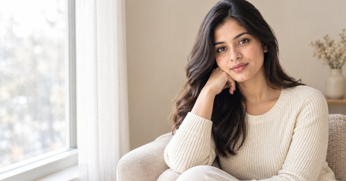 Woman in a cream knit sweater sitting by a window in soft winter light
