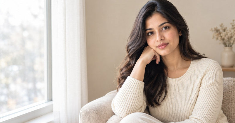 Woman in a cream knit sweater sitting by a window in soft winter light