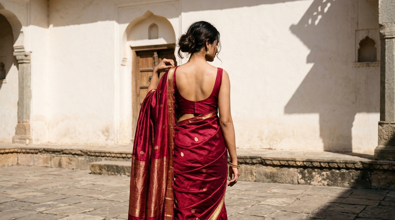 Woman in crimson silk saree with backless blouse and no visible bra straps